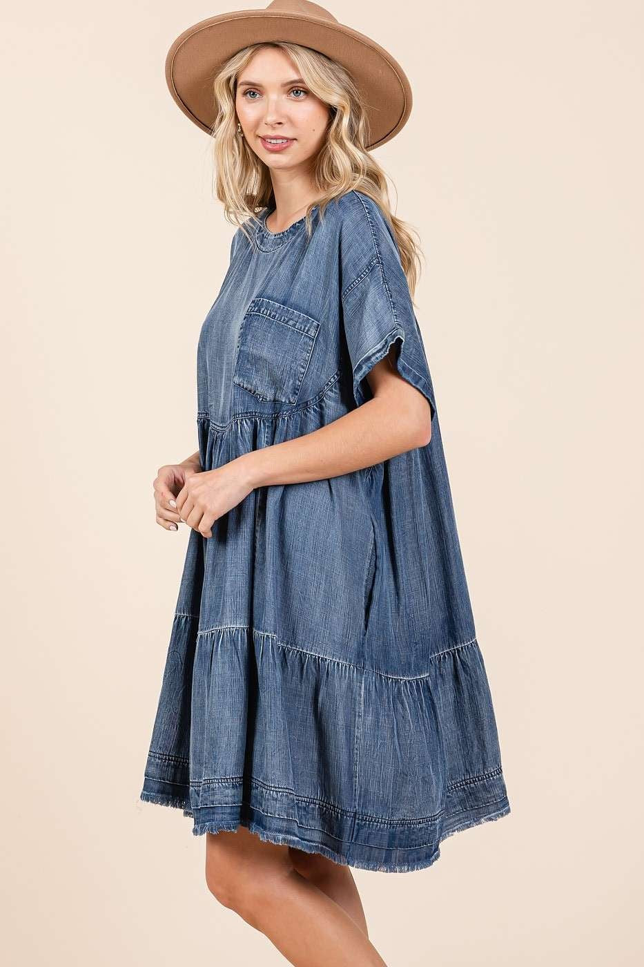 Mittoshop Washed Chambray Denim Oversized Tier Mini Dress