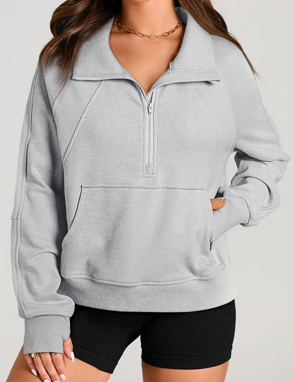 Light Gray Half Zip Long Sleeve Sweatshirt | Sweatshirts Daverri Fashions