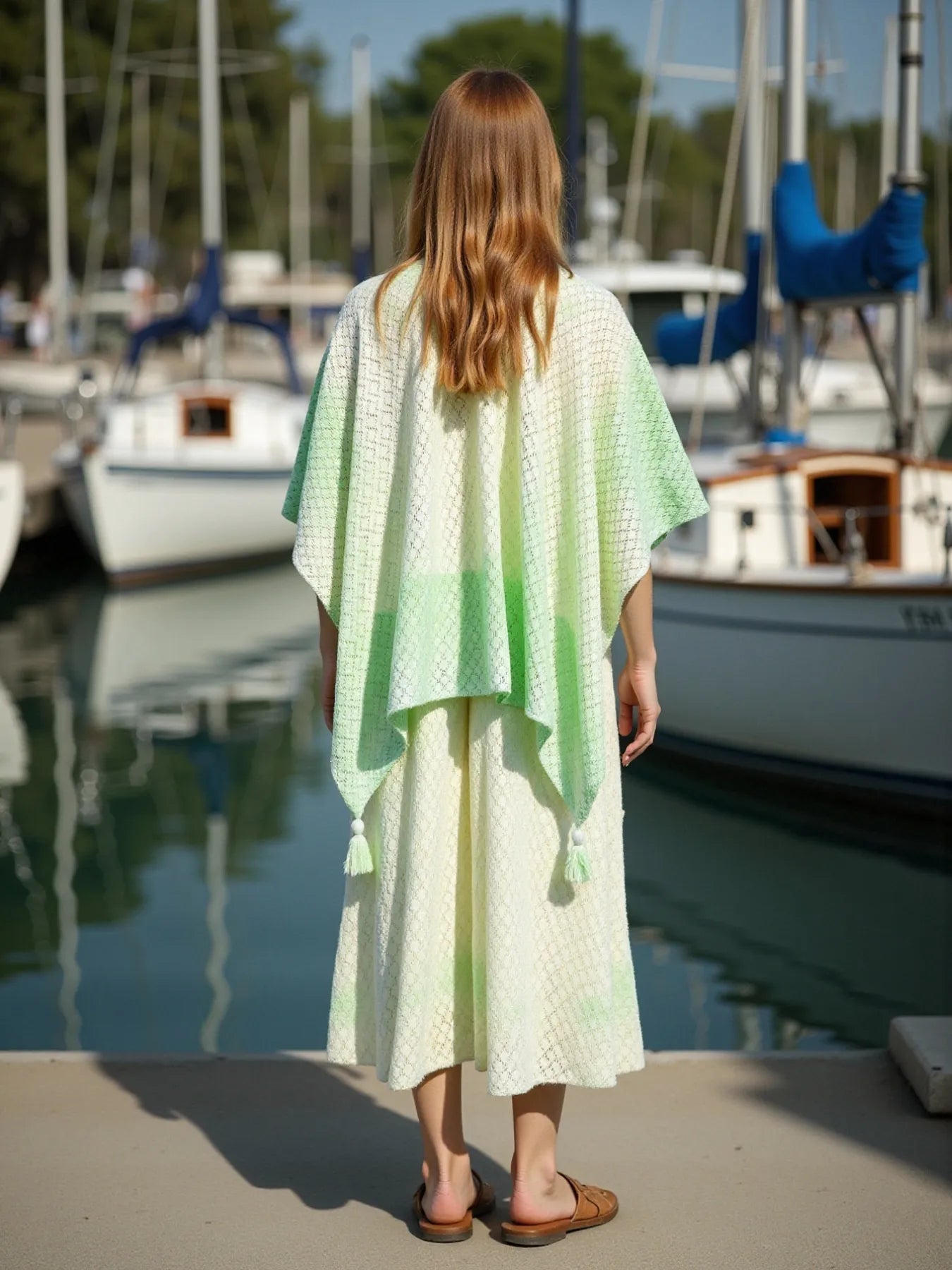 Daverri openwork tassel gradient knit lace poncho in light green cream