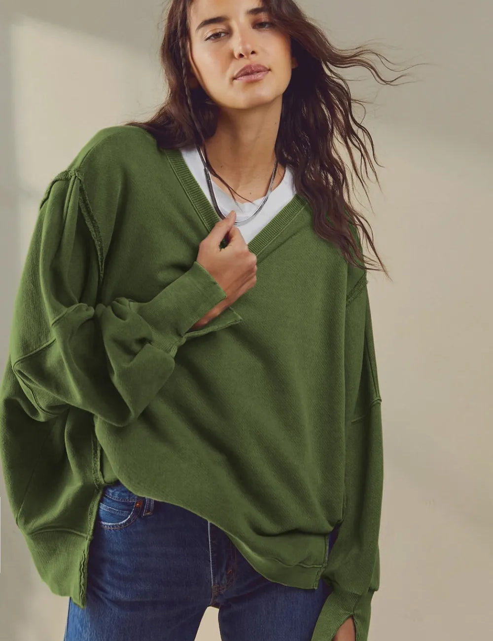 Matcha Green M Slit Round Neck Dropped Shoulder Sweatshirt | Sweatshirts Daverri Fashions