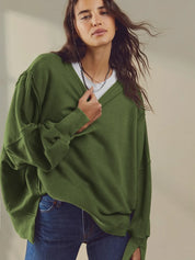 Matcha Green M Slit Round Neck Dropped Shoulder Sweatshirt | Sweatshirts Daverri Fashions