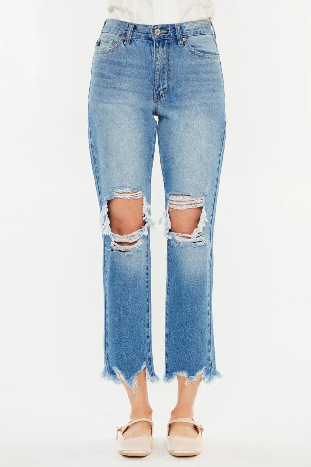 Kancan Distressed Frayed Hem Cropped Jeans - DAVERRI FASHIONS