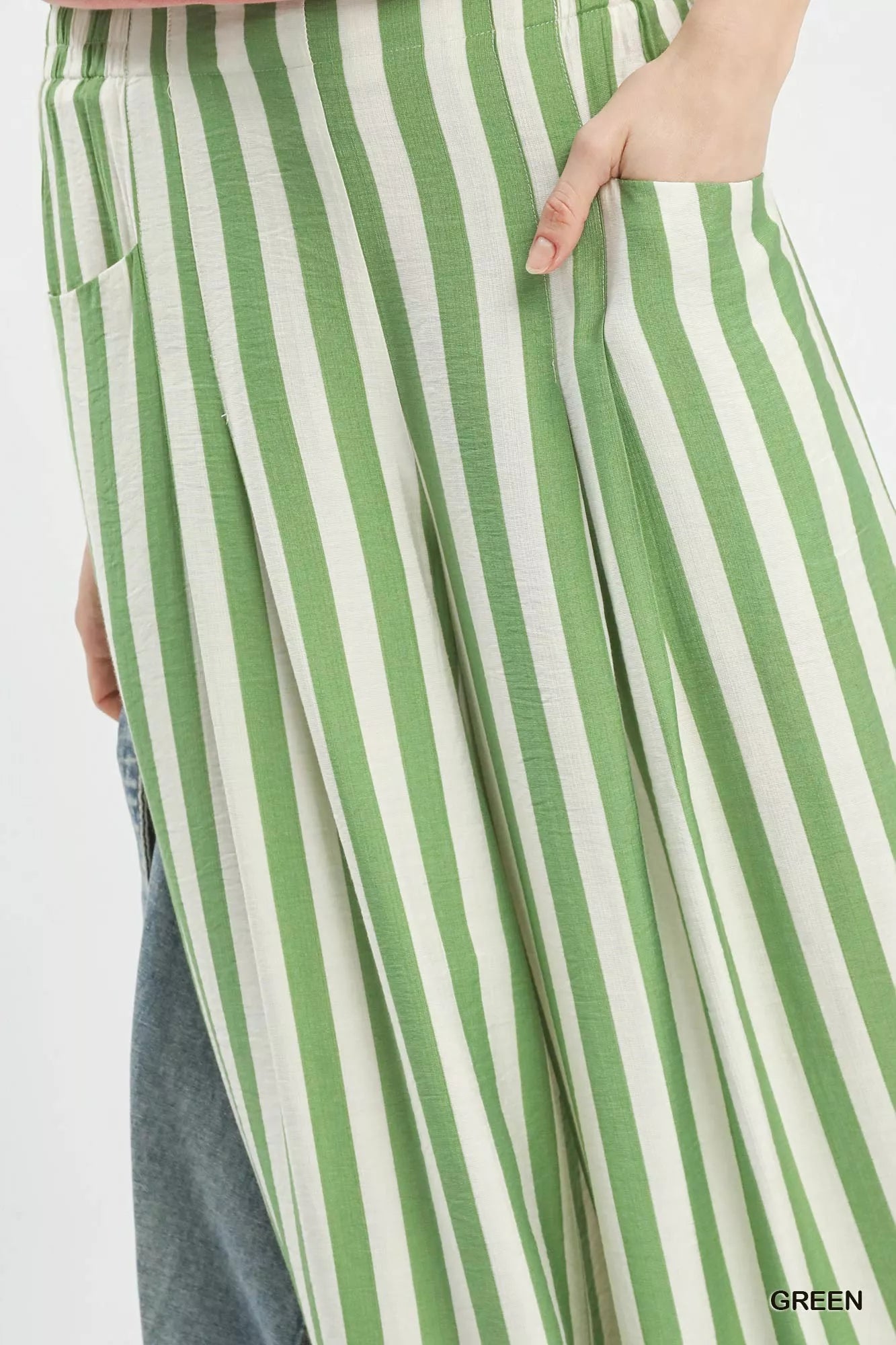 Green and white vertical stripe Umgee wide-leg pants