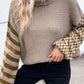Cozy beige olive green striped turtleneck sweater with textured knit
