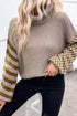 Cozy beige olive green striped turtleneck sweater with textured knit