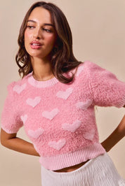 Pink SO ME All Over Heart Valentine cropped knit sweater with fluffy texture and puffed sleeves