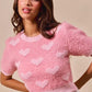 Pink SO ME All Over Heart Valentine cropped knit sweater with fluffy texture and puffed sleeves