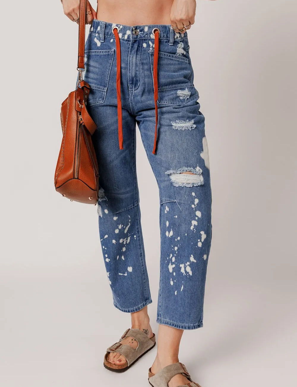 Medium Distressed Splattering Paint Rope Waist Cropped Straight Jeans | Jeans Daverri Fashions