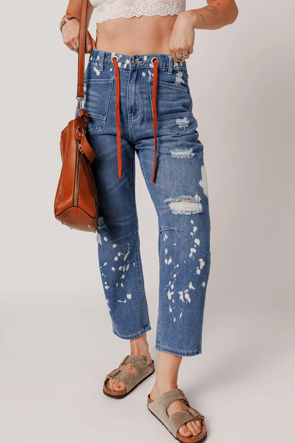 Medium Distressed Splattering Paint Rope Waist Cropped Straight Jeans | Jeans Daverri Fashions
