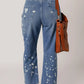 Distressed Splattering Paint Rope Waist Cropped Straight Jeans - DAVERRI FASHIONS