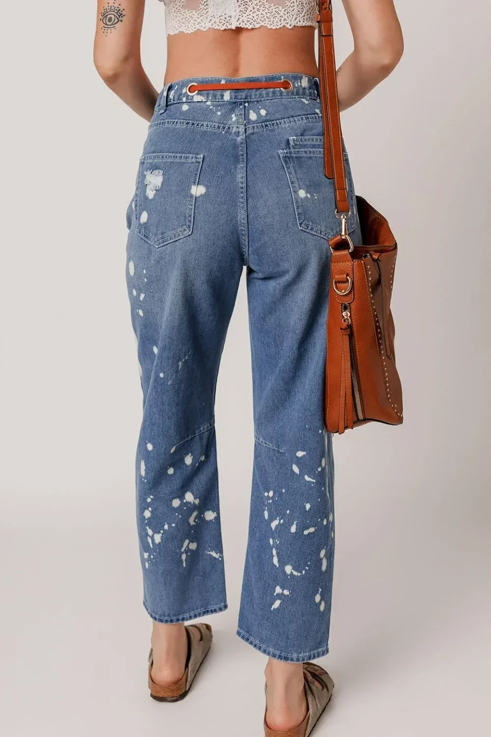 Distressed Splattering Paint Rope Waist Cropped Straight Jeans - DAVERRI FASHIONS