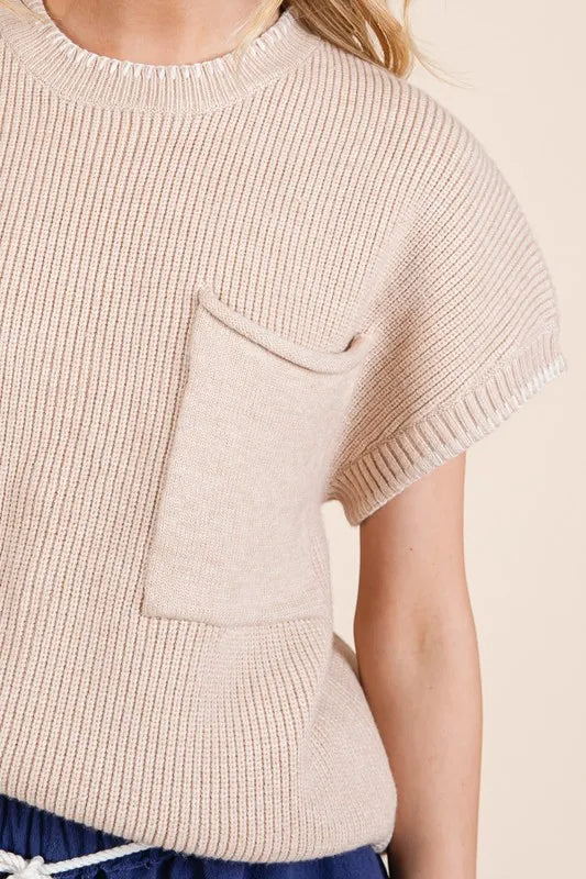 Lime 'N' Chili Solid Cap Sleeve Stitch Edge Knit Sweater Sweaters