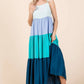 Woman in Mittoshop Color Block Tiered Pull-On Maxi Dress in blues and teal