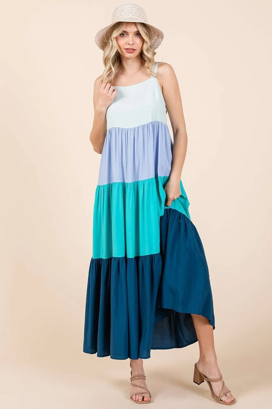 Woman in Mittoshop Color Block Tiered Pull-On Maxi Dress in blues and teal