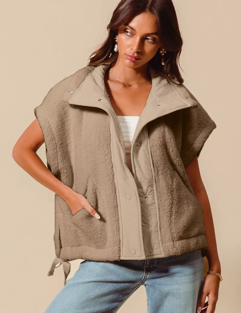 TAUPE SO ME Over Sized Soft Sherpa Fur Sleeveless Vest Jacket | Vest Jackets Daverri Fashions