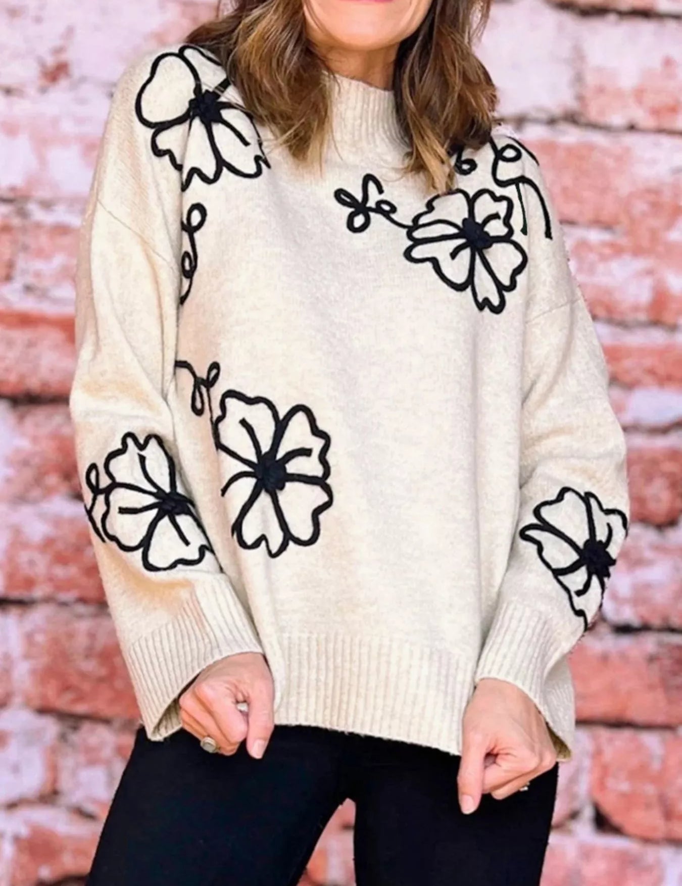 Cream and black floral Flower Stitching Mock Neck Sweater