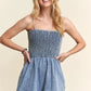 ADORA Smocked Spaghetti Strap Denim Romper Rompers