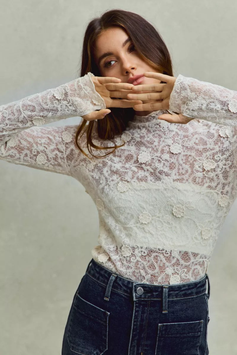 SO ME delicate white lace long-sleeve floral layering top