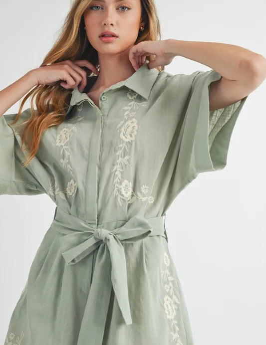 MABLE Embroidered Button Down Collared Neck Romper | Rompers Daverri Fashions