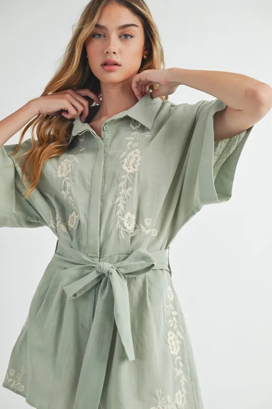 MABLE Embroidered Button Down Collared Neck Romper Rompers