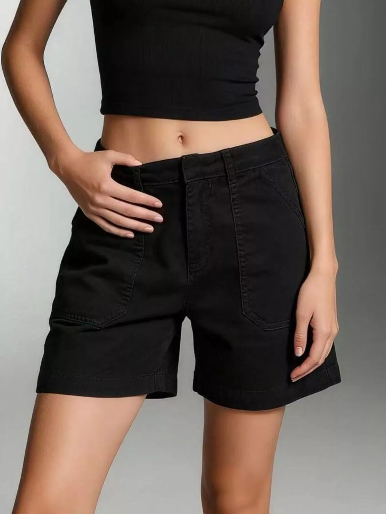 Daverri Pocketed Denim Shorts: black high-waisted straight-leg with front pockets