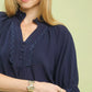 Umgee navy blue linen blouse with scalloped ruffle neck and buttons