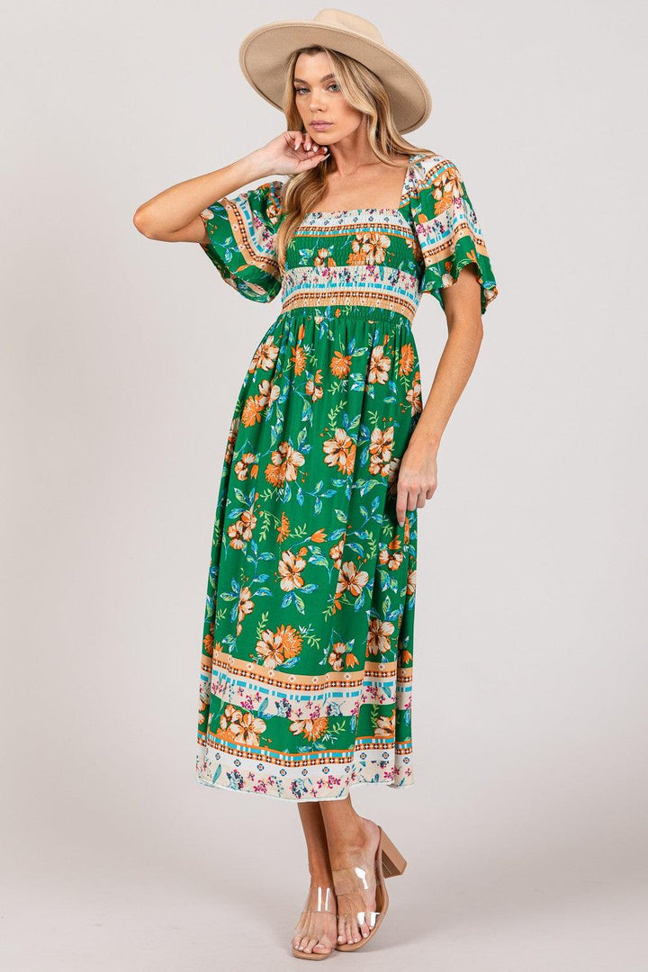 SAGE + FIG Printed Smocked Short Sleeve Midi Dress Midi Dresses