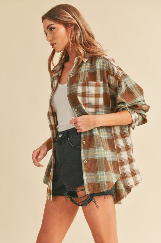 Aemi + Co Frayed Hem Plaid Button Up Flannel Shirt Shirts