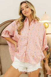 BiBi Sequin Striped Short Dolman Sleeve Blouse | Daverri Fashions