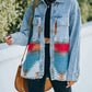Printed Botton Down Long Sleeve Denim Jacket - DAVERRI FASHIONS