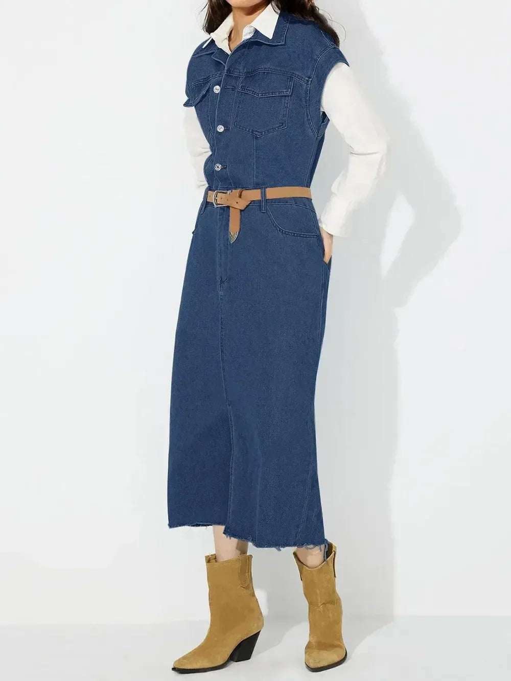 Slit Half Button Collared Neck Cap Sleeve Denim Dress - DAVERRI FASHIONS