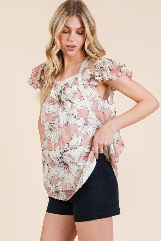 Lime 'N' Chili Floral Print Lace Trim Ruffle Cap Sleeve Top