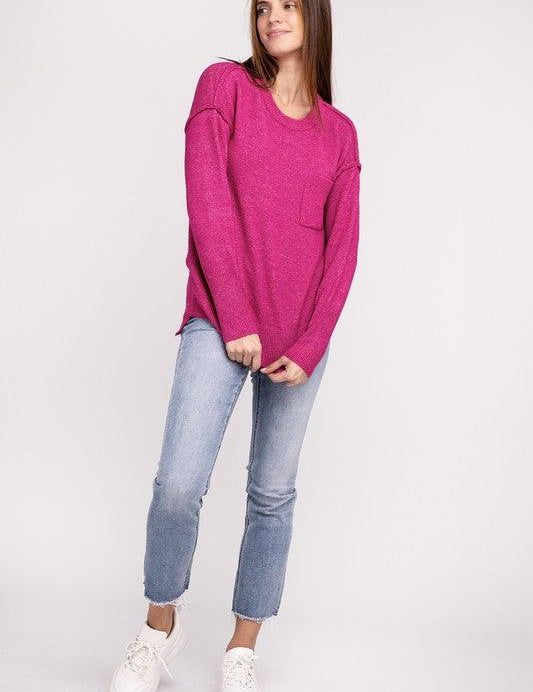 Zenana Hi-Low Hem Round Neck Sweater Sweaters