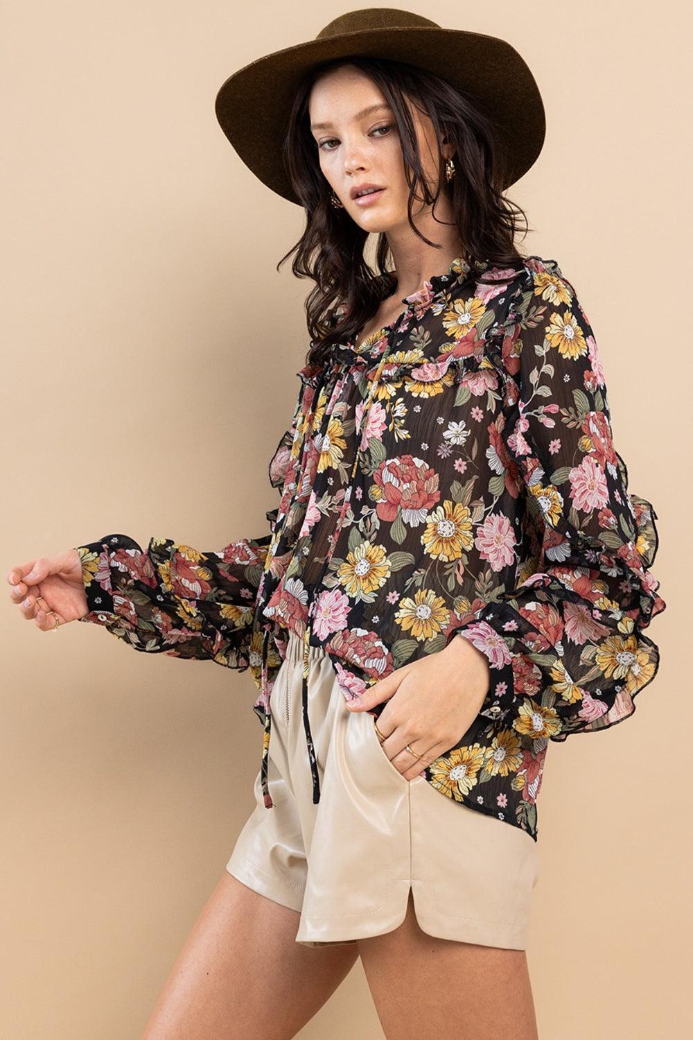 Ces Femme Ruffle Trim Long Sleeve Floral Blouse - DAVERRI FASHIONS