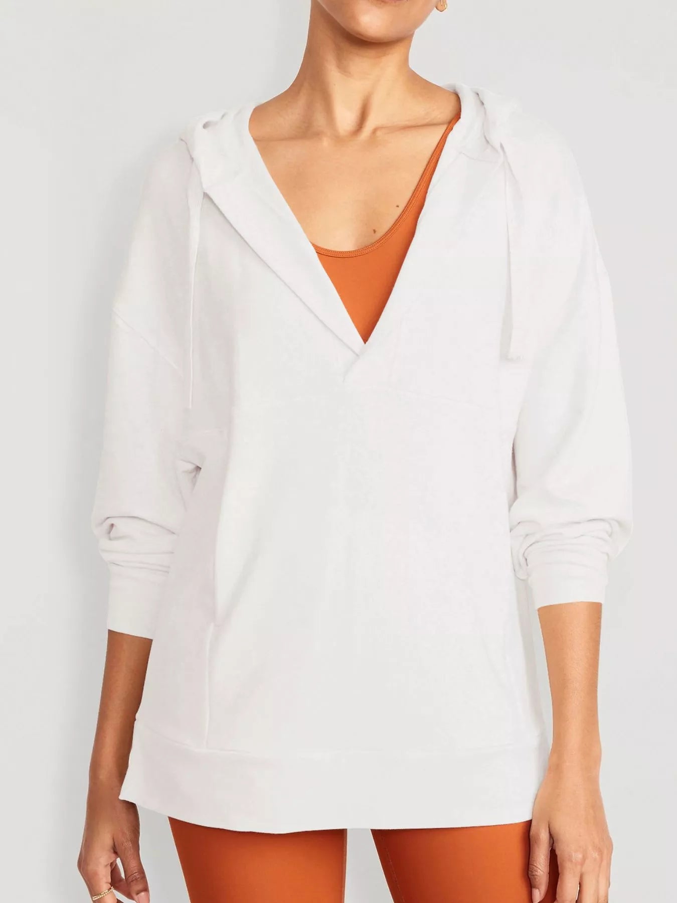 Cream Drawstring Kangaroo Pocket Long Sleeve Hoodie | Hoodies Daverri Fashions