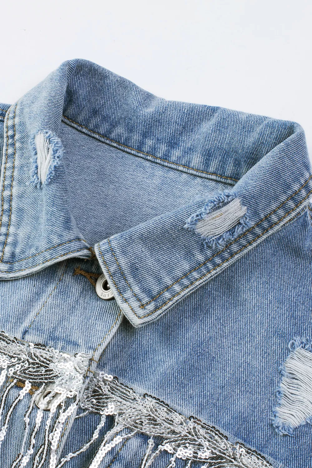 Sequin Fringe Trim Distressed Button Up Denim Jacket | Denim Jackets Daverri Fashions