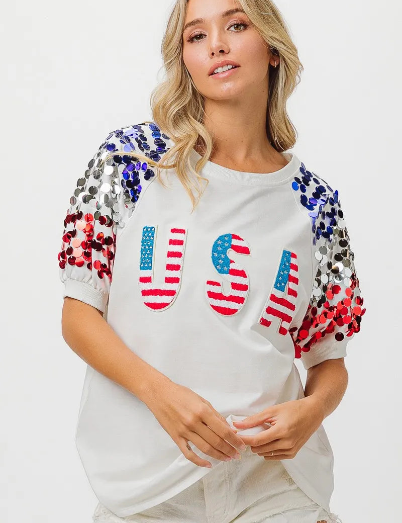 BiBi American Flag Theme Sequin Top | Tops Daverri Fashions