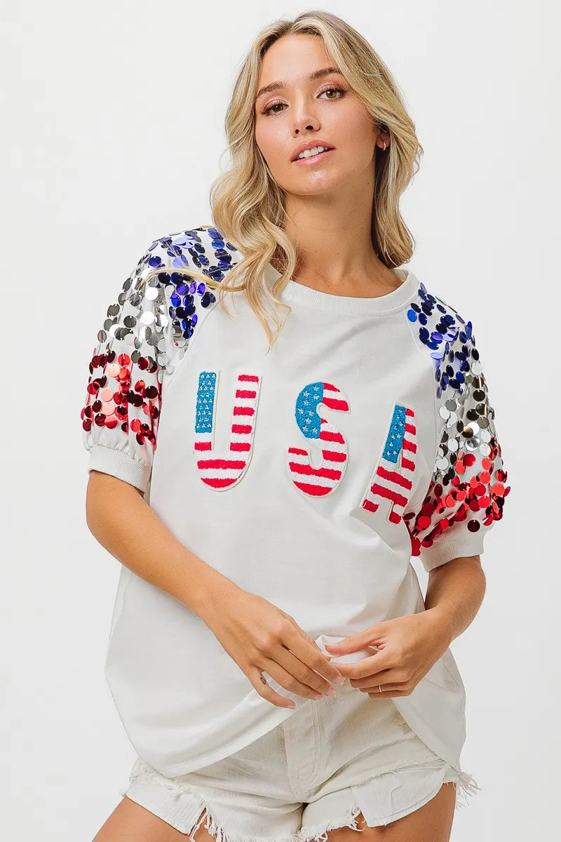 BiBi American Flag Theme Sequin Top | Tops Daverri Fashions