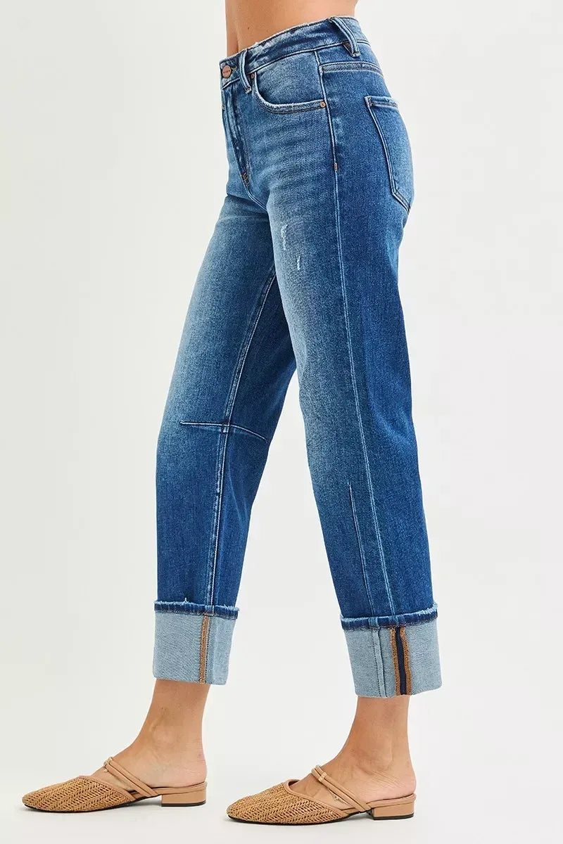 RISEN High Rise Straight Jeans with Distressed Hem - DAVERRI FASHIONS