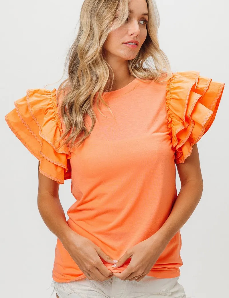APRICOT BiBi Knit Top Woven Ruffle Tiered Sleeves | Blouses Daverri Fashions