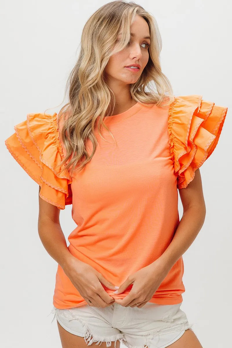 BiBi Knit Top Woven Ruffle Tiered Sleeves APRICOT Tops
