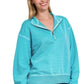 Zenana F/terry Pigment Dye & Enzyme Washing Half Zip Top Ice Blue - DAVERRI FASHIONS