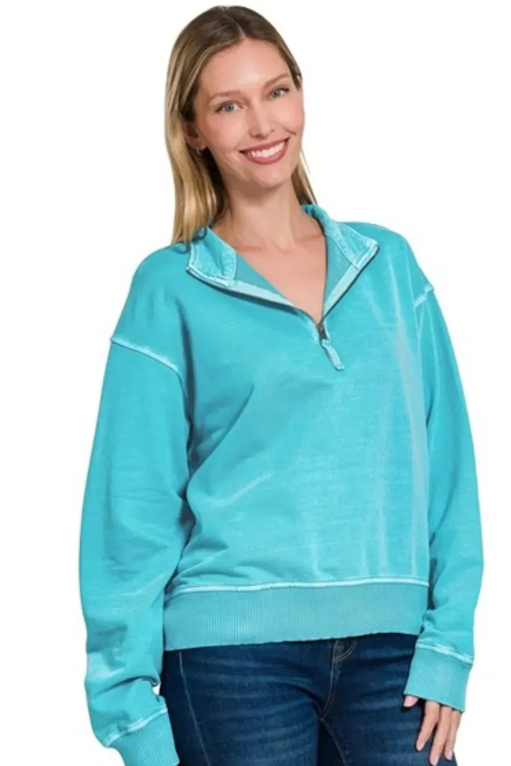 Zenana F/terry Pigment Dye & Enzyme Washing Half Zip Top Ice Blue - DAVERRI FASHIONS