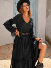 Black Tie Neck Balloon Sleeve Midi Dress | Midi Dresses Daverri Fashions