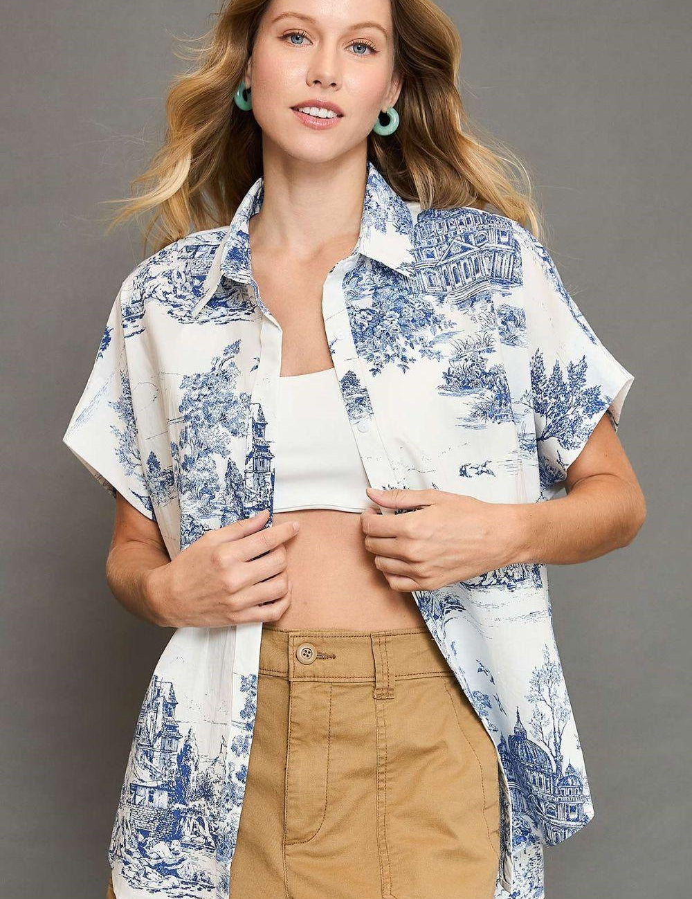 Blue Umgee Full Size Two Tone Print Button Up Short Sleeve Shirt Plus Size | Daverri Fashions