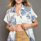 Umgee Full Size Two Tone Print Button Up Short Sleeve Shirt Plus Size Blue