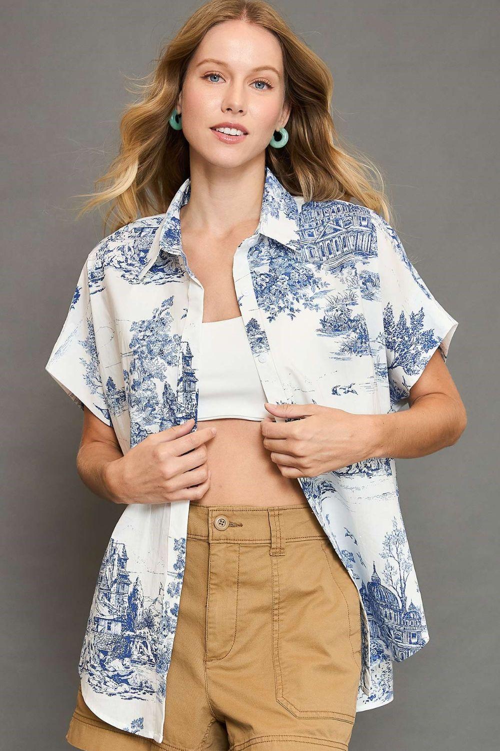 Umgee Full Size Two Tone Print Button Up Short Sleeve Shirt Plus Size Blue