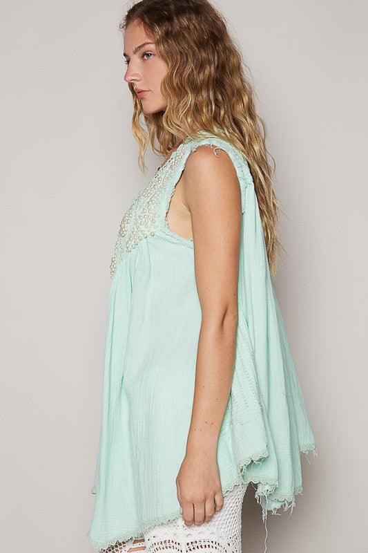 POL Embroidered Pearls Open Front Sleeveless Cardigan Cardigans