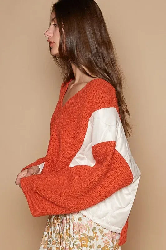 POL Cable Knit Quilting Patch V-Neck Contrast Sweater Orange - DAVERRI FASHIONS