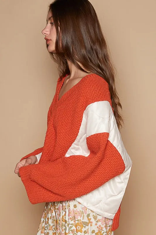 POL Cable Knit Quilting Patch V-Neck Contrast Sweater Orange | Sweaters Daverri Fashions
